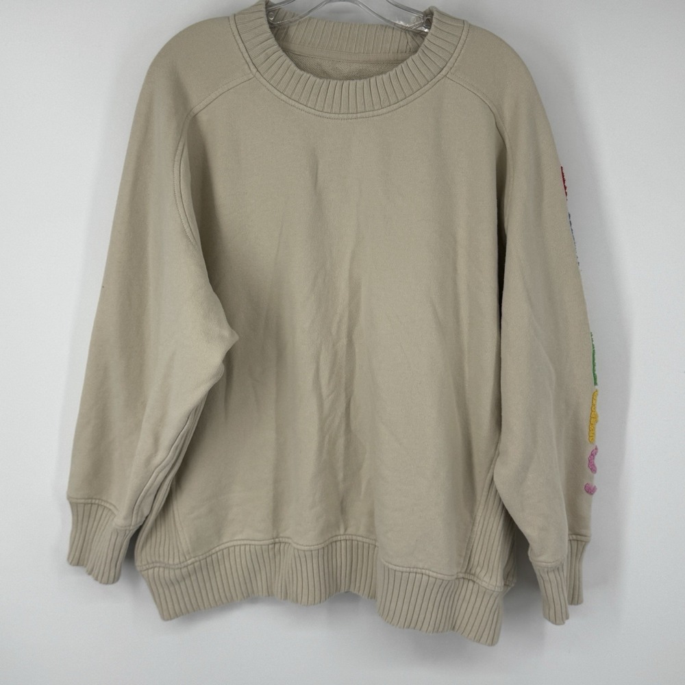 Aerie Oversized Crewneck Sweatshirt Medium Beige Rainbow "Cheers" Sleeve Lounge - Picture 3 of 10